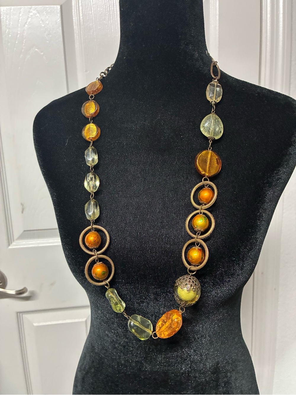 Long Amber and Olive Bead Statement Necklace